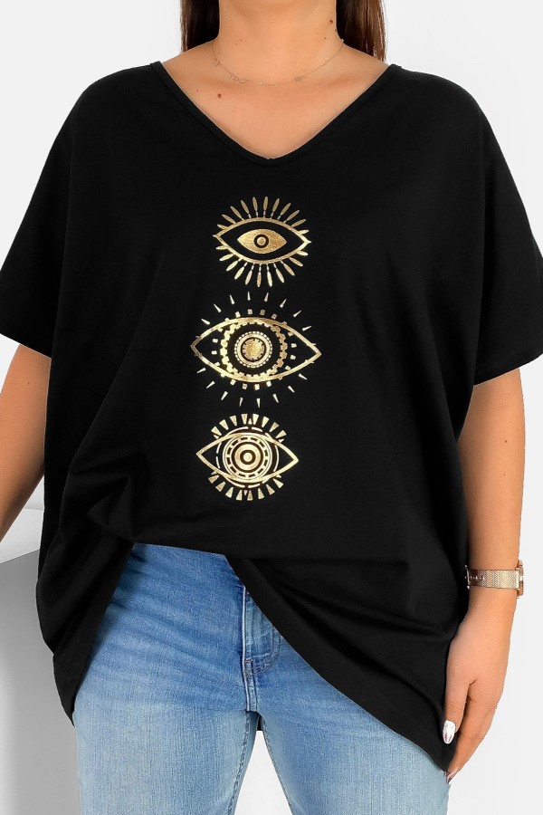Bluzka damska T-shirt plus size w kolorze czarnym złoty nadruk oczy eyes
