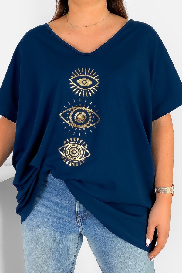 Bluzka damska T-shirt plus size w kolorze granatowym złoty nadruk oczy eyes