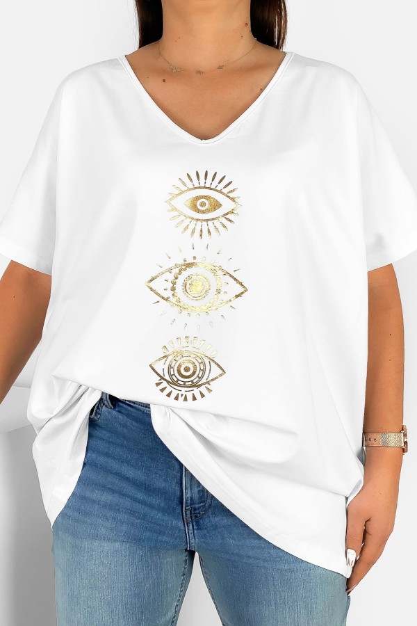Bluzka damska T-shirt plus size w kolorze białym złoty nadruk oczy eyes