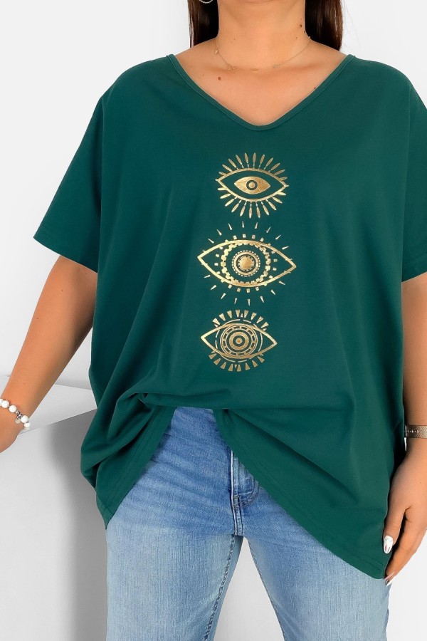 Bluzka damska T-shirt plus size w kolorze butelkowej zieleni złoty nadruk oczy eyes 1