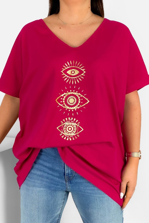 Bluzka damska T-shirt plus size w kolorze malinowym złoty nadruk oczy eyes