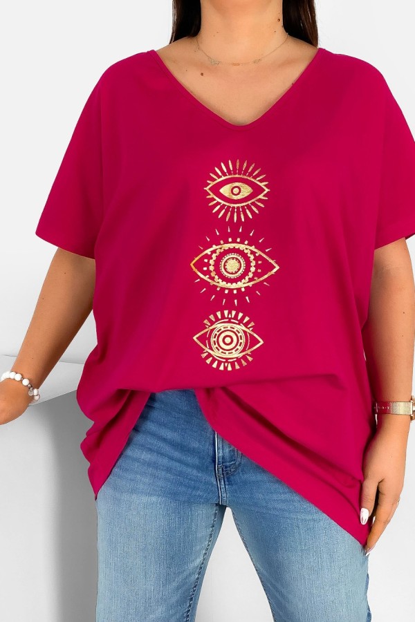 Bluzka damska T-shirt plus size w kolorze malinowym złoty nadruk oczy eyes 1