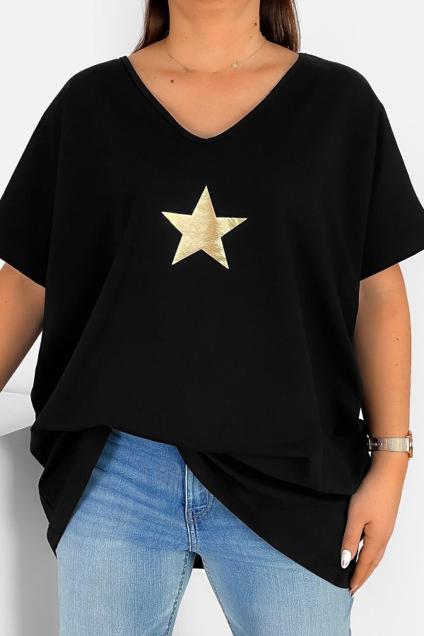 Bluzka damska T-shirt plus size w kolorze czarnym złoty nadruk gwiazda star