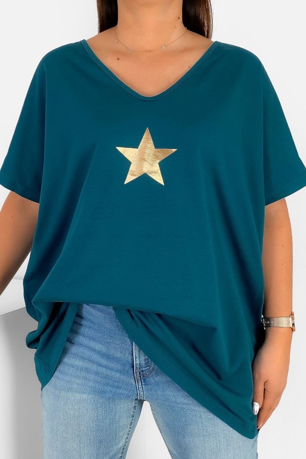 Bluzka damska T-shirt plus size w kolorze morskim złoty nadruk gwiazda star