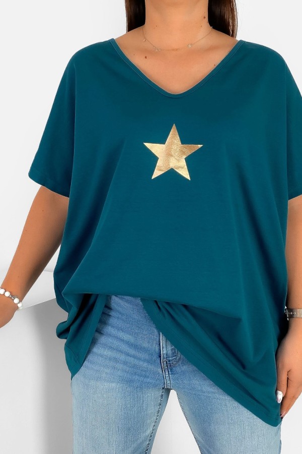 Bluzka damska T-shirt plus size w kolorze morskim złoty nadruk gwiazda star 1