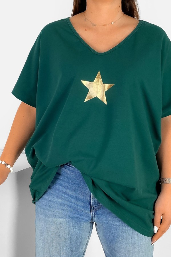 Bluzka damska T-shirt plus size w kolorze butelkowej zieleni złoty nadruk gwiazda star 1