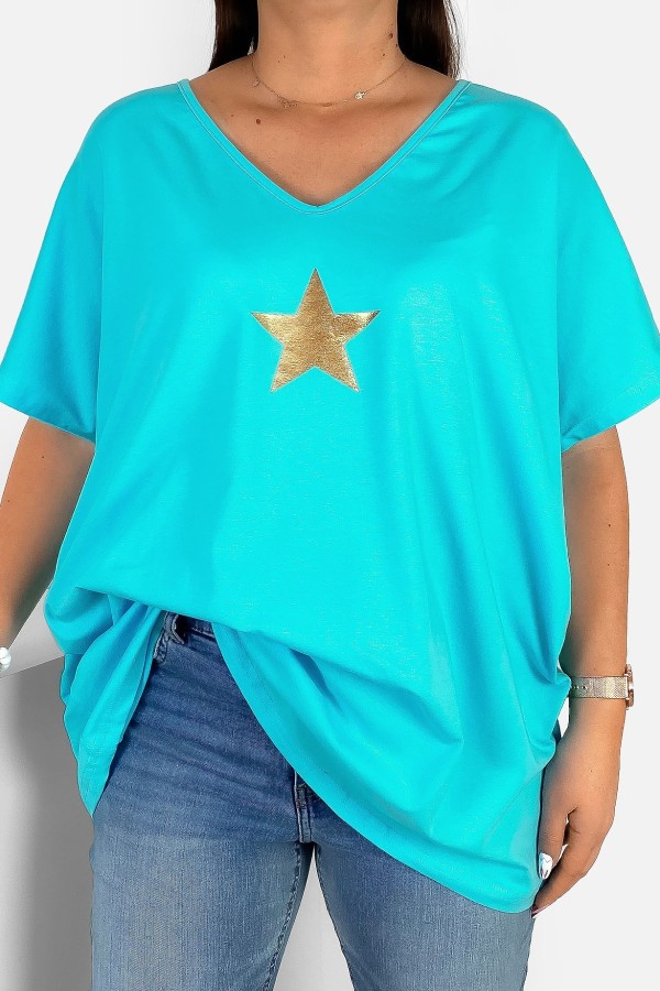 Bluzka damska T-shirt plus size w kolorze turkusowym złoty nadruk gwiazda star