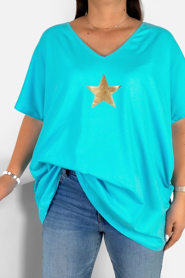 Bluzka damska T-shirt plus size w kolorze turkusowym złoty nadruk gwiazda star 1
