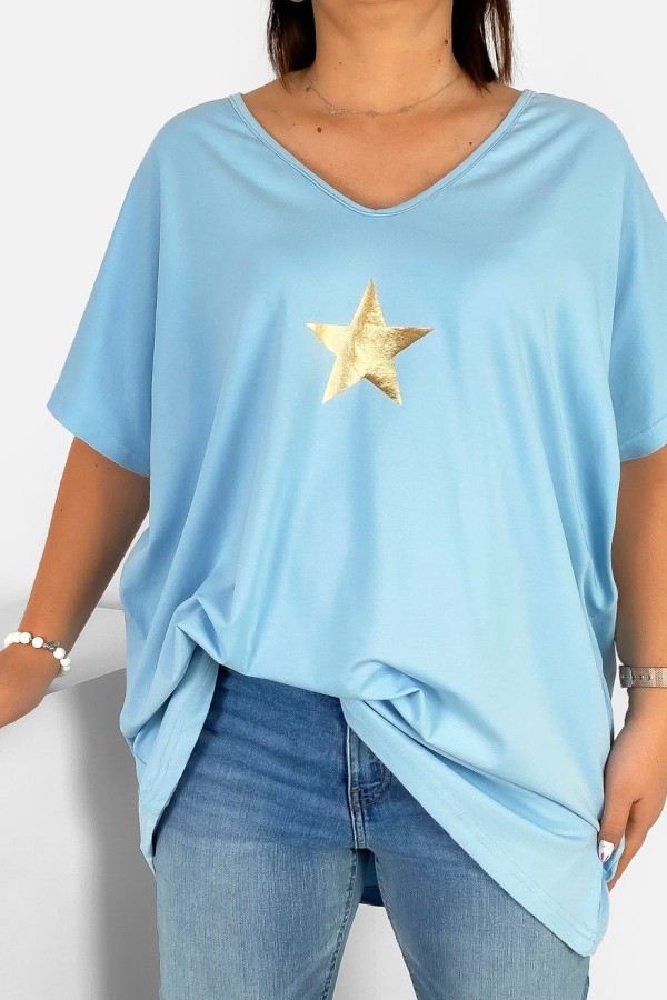 Bluzka damska T-shirt plus size w kolorze błękitnym złoty nadruk gwiazda star 1