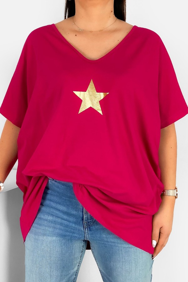 Bluzka damska T-shirt plus size w kolorze malinowym złoty nadruk gwiazda star