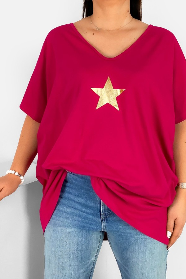 Bluzka damska T-shirt plus size w kolorze malinowym złoty nadruk gwiazda star 1