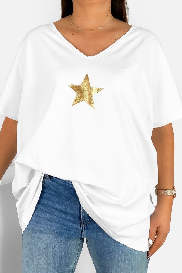 Bluzka damska T-shirt plus size w kolorze białym złoty nadruk gwiazda star
