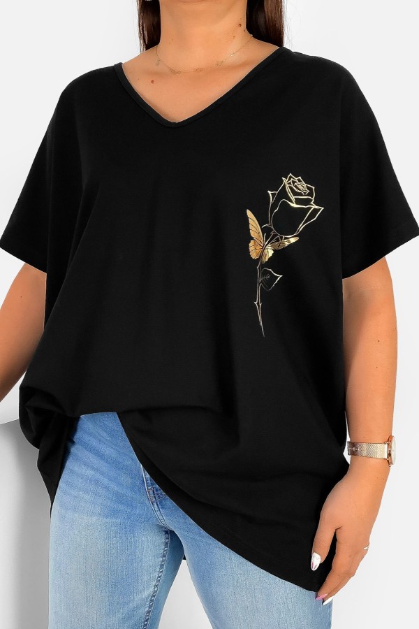 Bluzka damska T-shirt plus size w kolorze czarnym złoty nadruk róża rose
