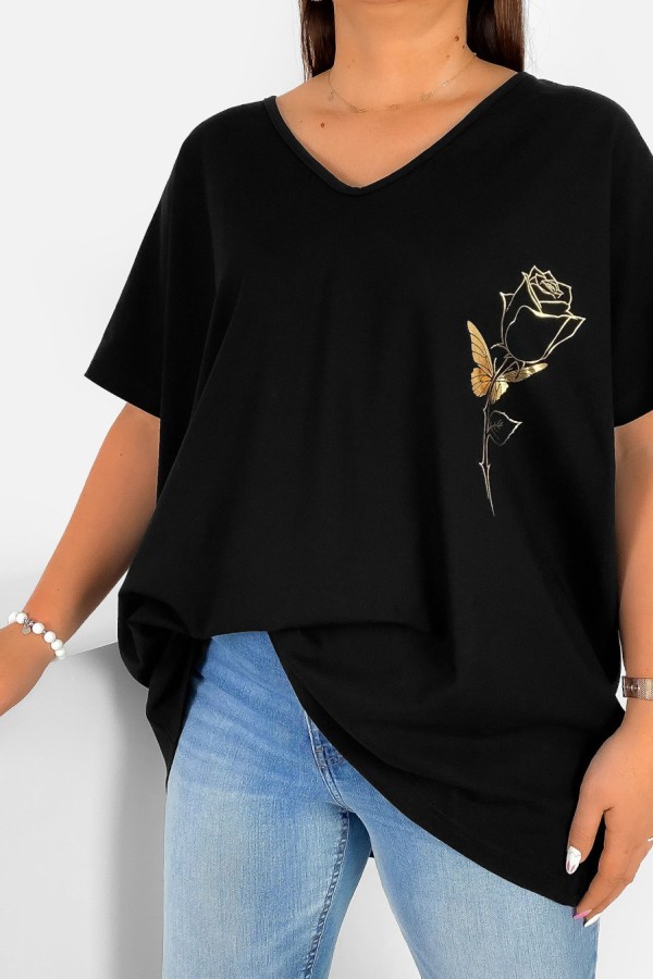 Bluzka damska T-shirt plus size w kolorze czarnym złoty nadruk róża rose 1
