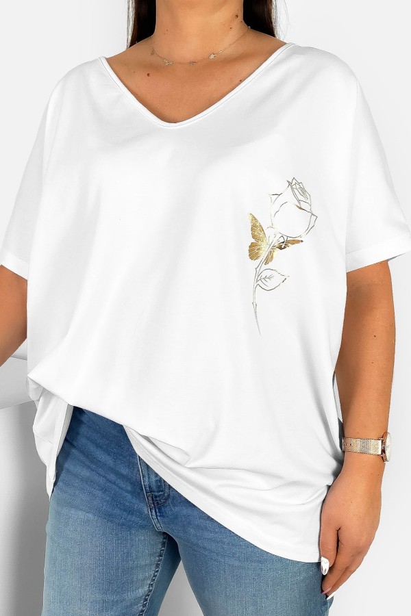 Bluzka damska T-shirt plus size w kolorze białym złoty nadruk róża rose
