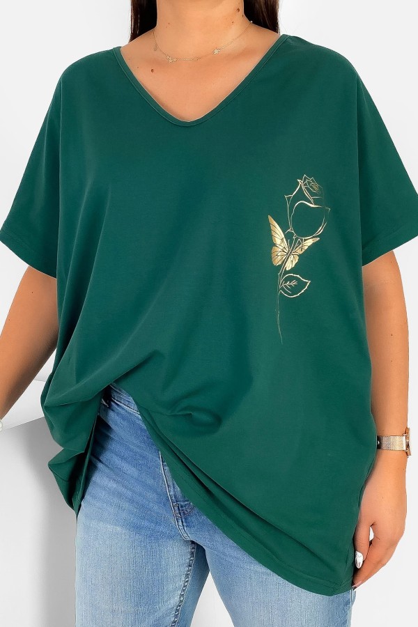 Bluzka damska T-shirt plus size w kolorze butelkowej zieleni złoty nadruk róża rose