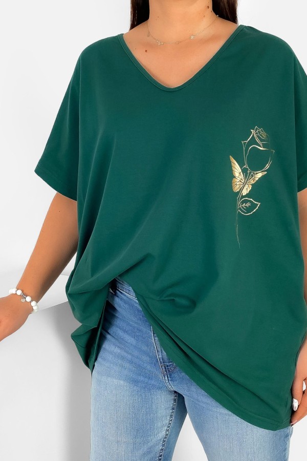 Bluzka damska T-shirt plus size w kolorze butelkowej zieleni złoty nadruk róża rose 1