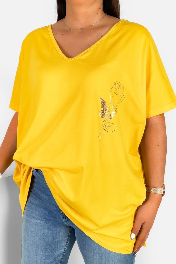 Bluzka damska T-shirt plus size w kolorze żółtym złoty nadruk róża rose