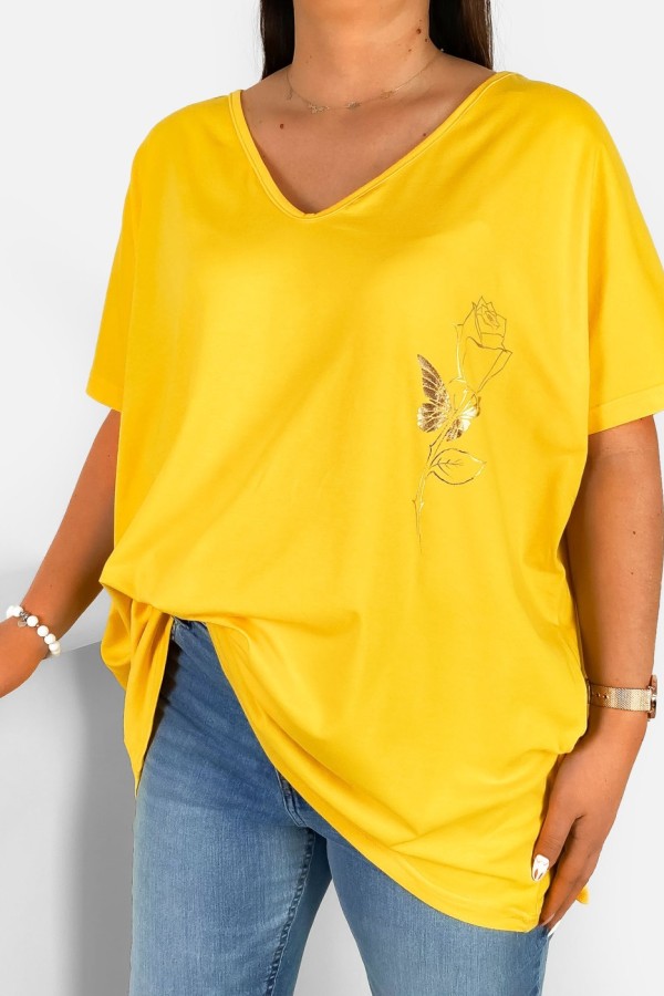 Bluzka damska T-shirt plus size w kolorze żółtym złoty nadruk róża rose 1