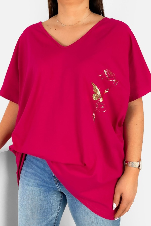 Bluzka damska T-shirt plus size w kolorze malinowym złoty nadruk róża rose