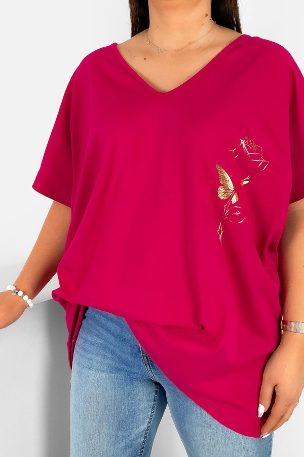 Bluzka damska T-shirt plus size w kolorze malinowym złoty nadruk róża rose 1