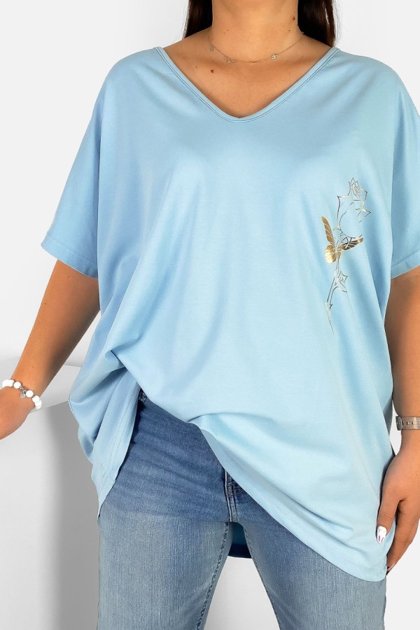 Bluzka damska T-shirt plus size w kolorze błękitnym złoty nadruk róża rose 1