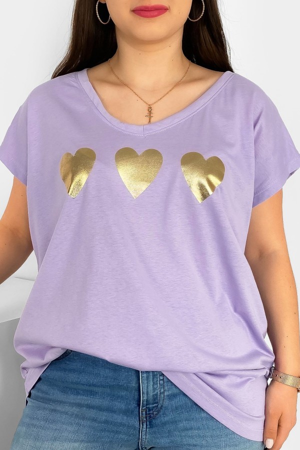 T-shirt damski plus size nietoperz dekolt w serek V-neck lila fiolet trzy serduszka