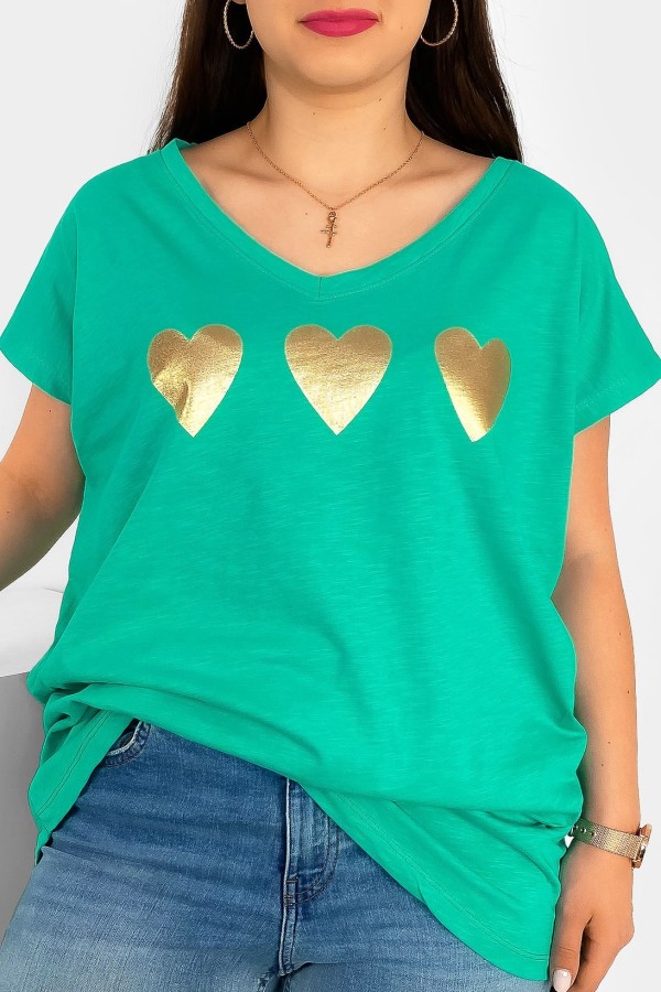 T-shirt damski plus size nietoperz dekolt w serek V-neck morski zielony trzy serduszka