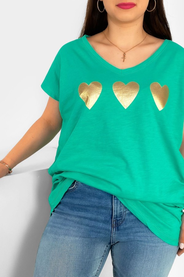 T-shirt damski plus size nietoperz dekolt w serek V-neck morski zielony trzy serduszka 1