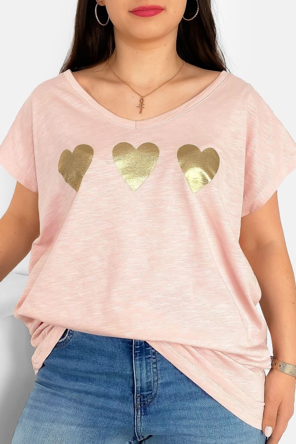 T-shirt damski plus size nietoperz dekolt w serek V-neck pudrowy melanż trzy serduszka