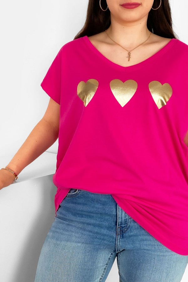 T-shirt damski plus size nietoperz dekolt w serek V-neck różowy trzy serduszka 1