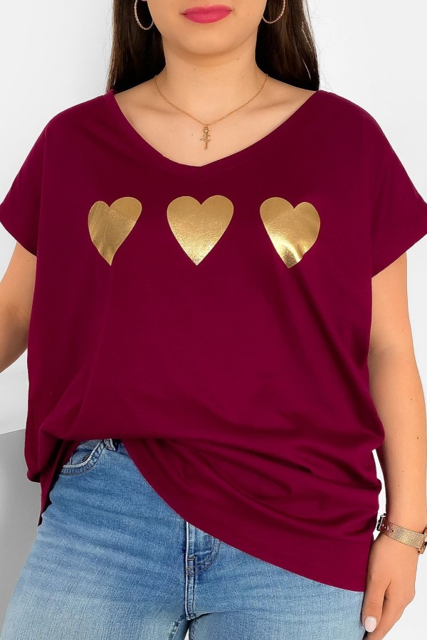 T-shirt damski plus size nietoperz dekolt w serek V-neck burgundowy trzy serduszka