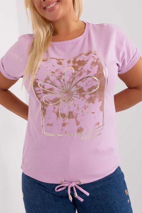 Bluzka damska plus size w kolorze lila fiolet zloty kwiat dżety wiązana Nisha