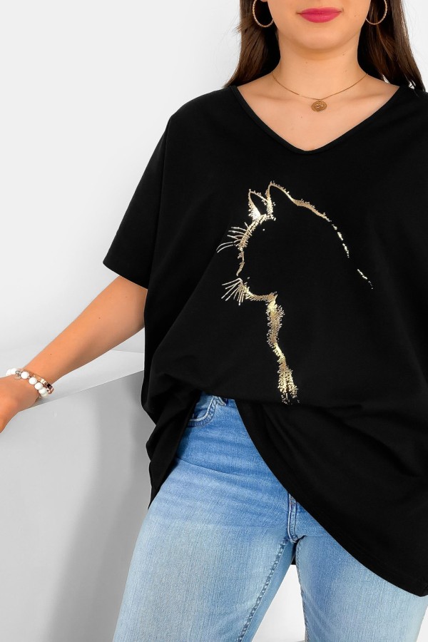 Bluzka damska T-shirt plus size w kolorze czarnym złoty nadruk zarys kota 1