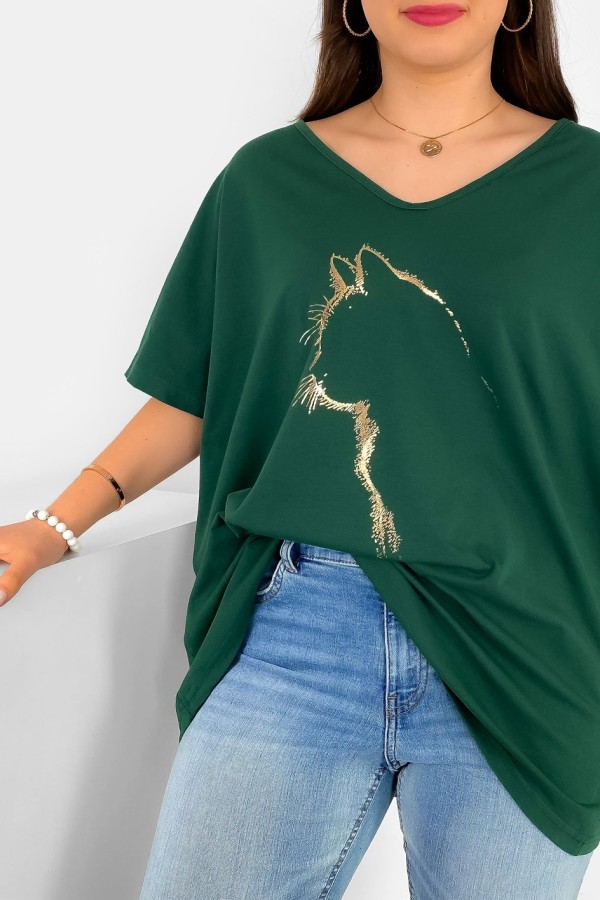 Bluzka damska T-shirt plus size w kolorze butelkowej zieleni złoty nadruk zarys kota 1