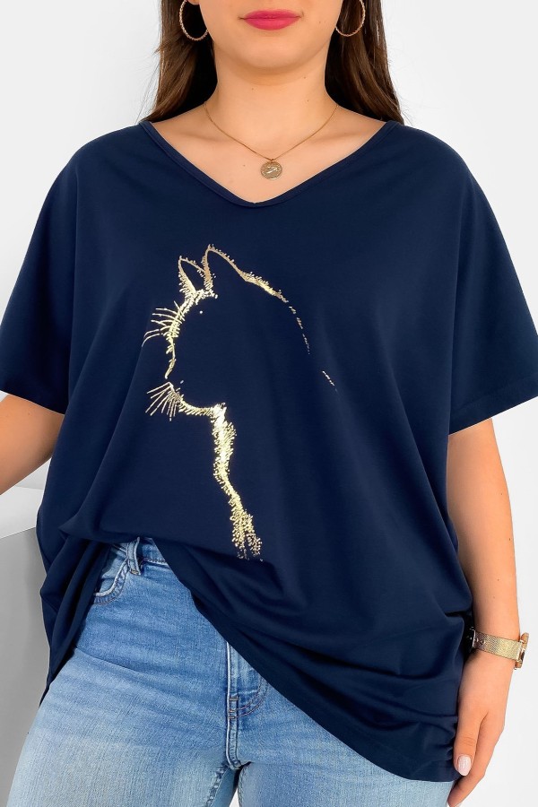 Bluzka damska T-shirt plus size w kolorze granatowym złoty nadruk zarys kota