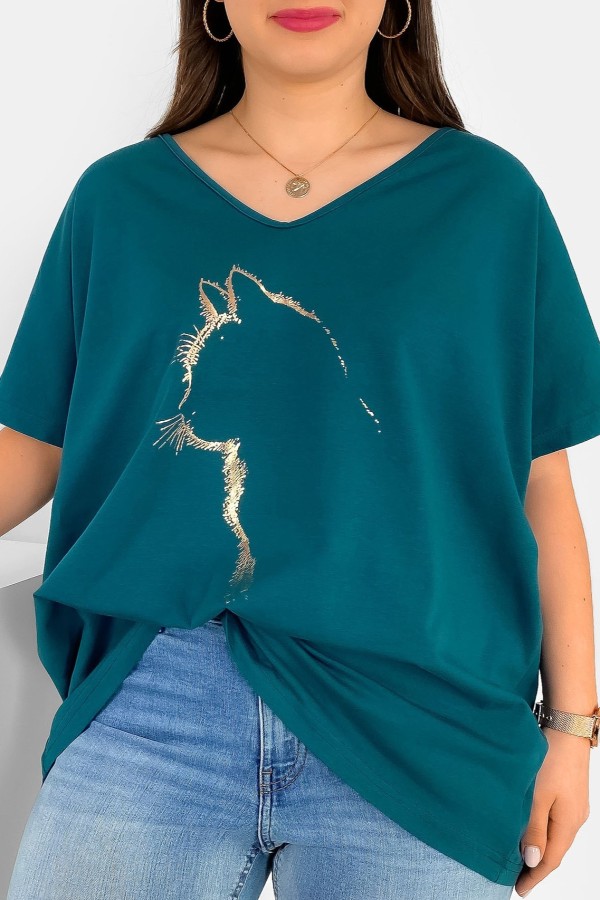 Bluzka damska T-shirt plus size w kolorze morskim złoty nadruk zarys kota