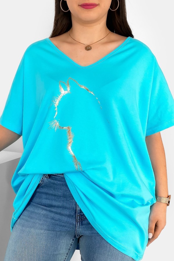 Bluzka damska T-shirt plus size w kolorze turkusowym złoty nadruk zarys kota