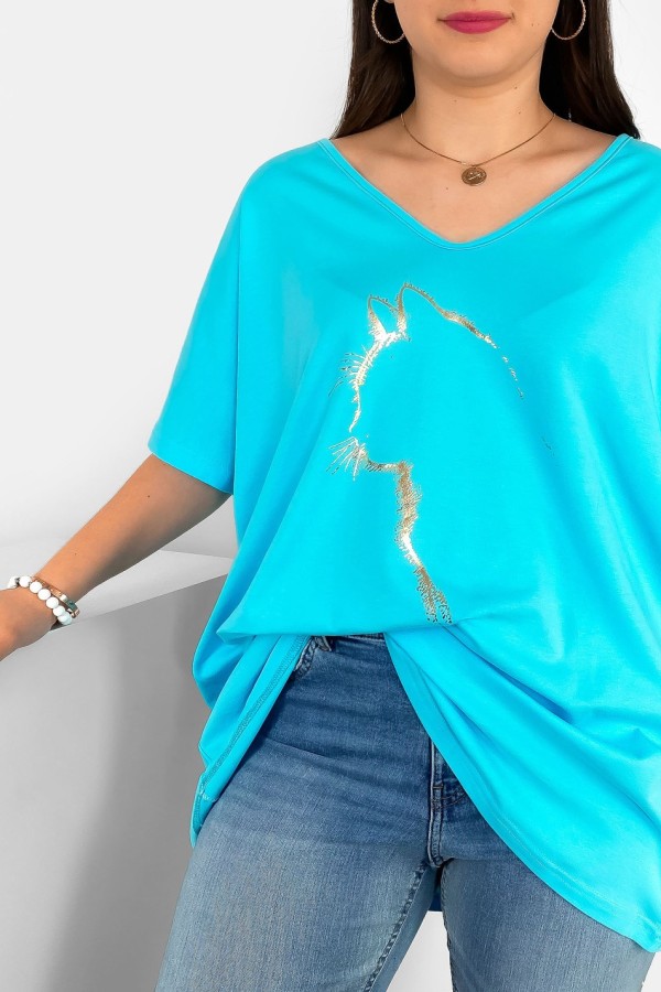 Bluzka damska T-shirt plus size w kolorze turkusowym złoty nadruk zarys kota 1
