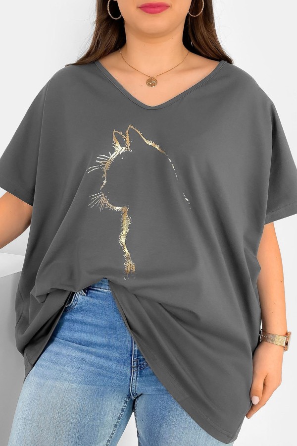Bluzka damska T-shirt plus size w kolorze szarym złoty nadruk zarys kota 2