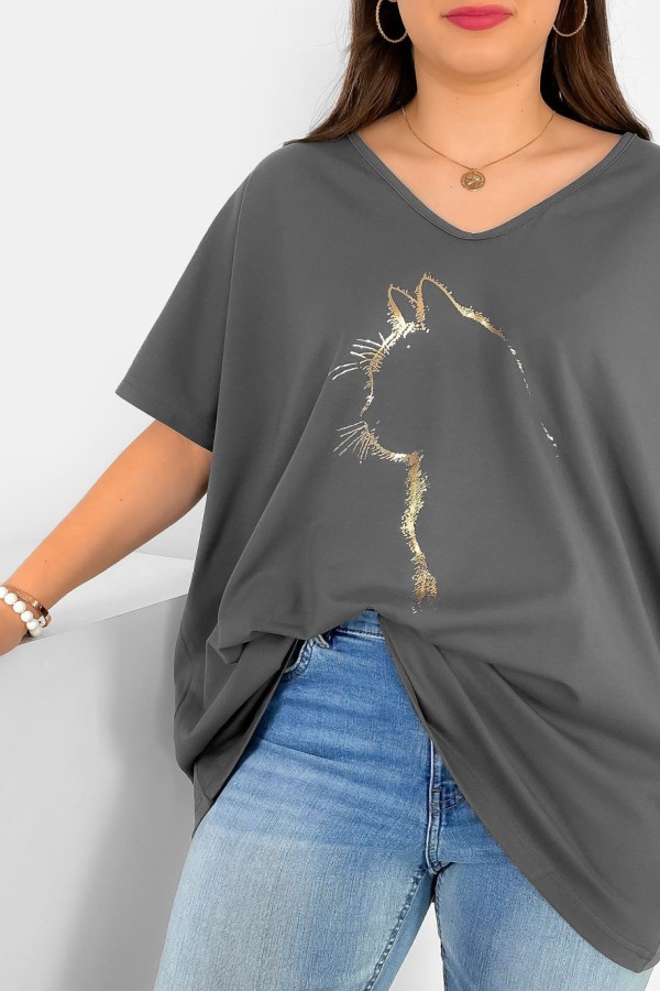 Bluzka damska T-shirt plus size w kolorze szarym złoty nadruk zarys kota 1