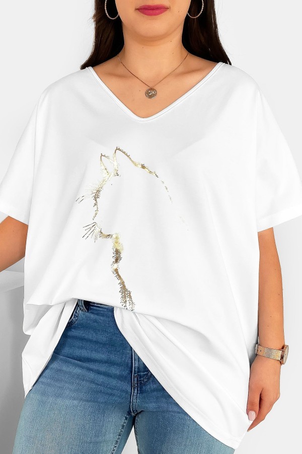 Bluzka damska T-shirt plus size w kolorze białym złoty nadruk zarys kota