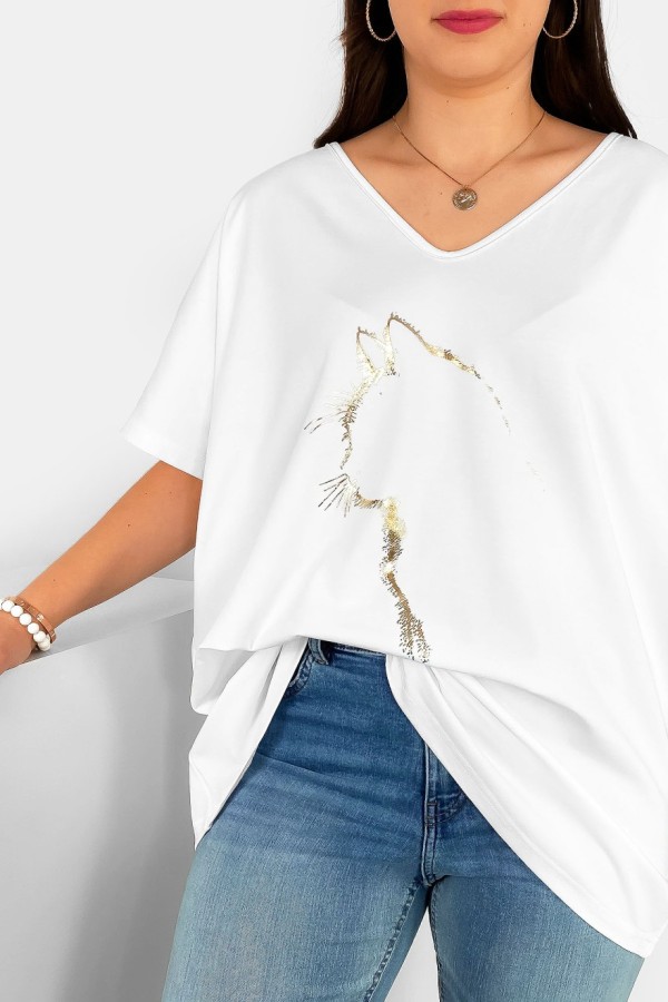 Bluzka damska T-shirt plus size w kolorze białym złoty nadruk zarys kota 1