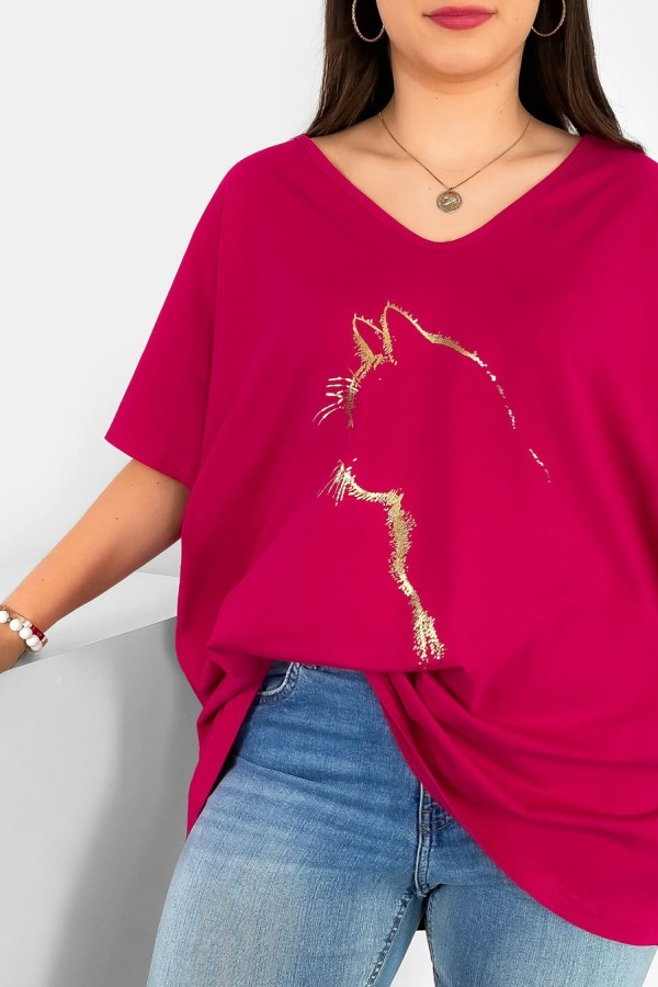 Bluzka damska T-shirt plus size w kolorze malinowym złoty nadruk zarys kota 1