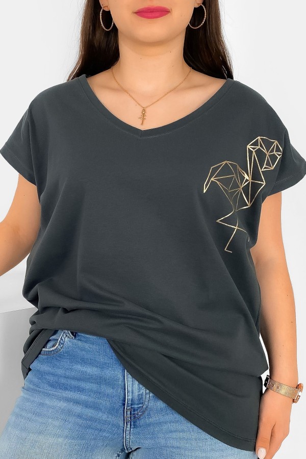 T-shirt damski plus size nietoperz dekolt w serek V-neck grafitowy flamingo
