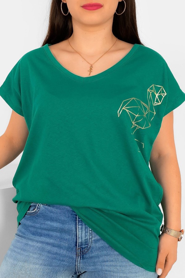 T-shirt damski plus size nietoperz dekolt w serek V-neck zielony flamingo