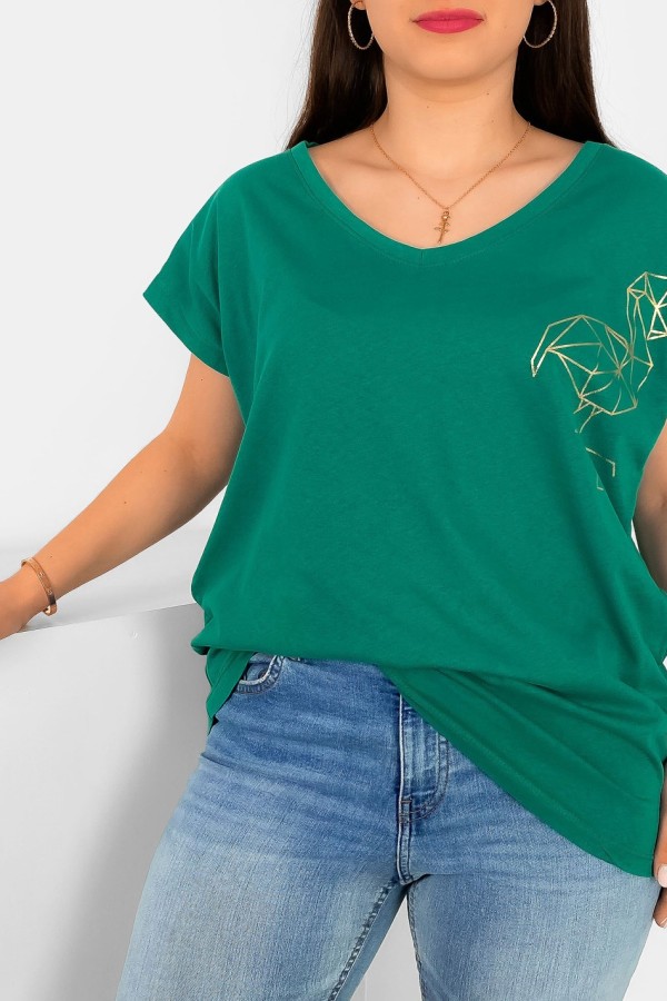 T-shirt damski plus size nietoperz dekolt w serek V-neck zielony flamingo 1