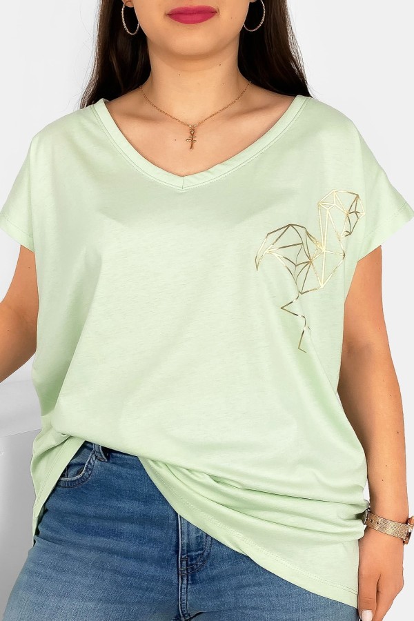 T-shirt damski plus size nietoperz dekolt w serek V-neck seledynowy flamingo 2