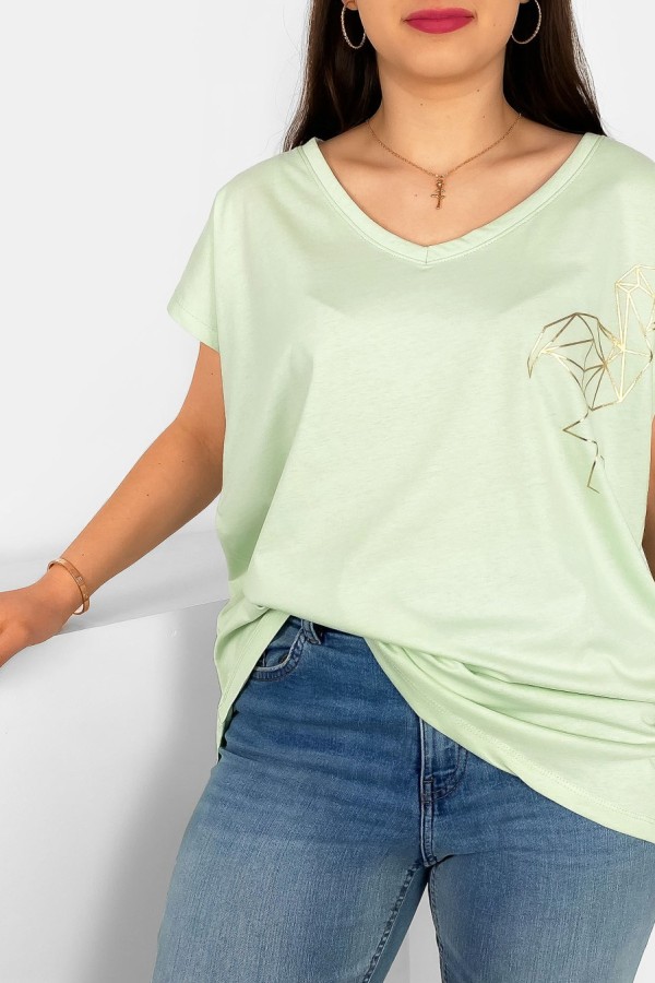 T-shirt damski plus size nietoperz dekolt w serek V-neck seledynowy flamingo 1