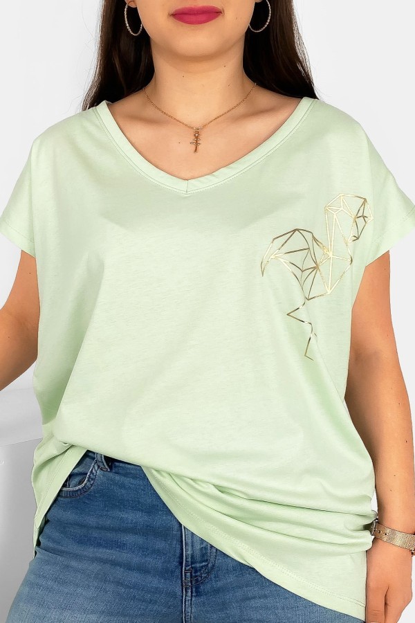 T-shirt damski plus size nietoperz dekolt w serek V-neck seledynowy flamingo